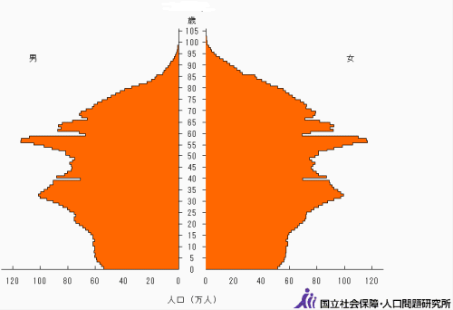 人口ピラミッド（２００５年）　出所：国立社会保障・人口問題研究所ホームページ